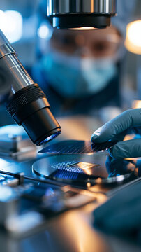 Semiconductor wafer fabrication inside a high-tech cleanroom, precision microchip manufacturing process with photoresist coating, with copy space