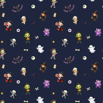 Cute Halloween Characters Seamless Pattern with Witch, Vampire, Zombie, Mummy, Monster, Skeleton, Ghost, Bat and Spider, Spooky Watercolor Design for Fabric, Textile and Party Decorations.