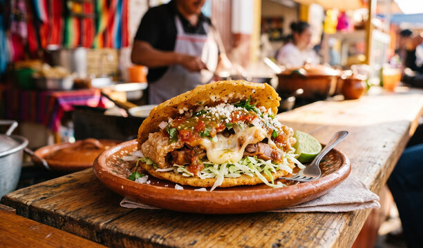 A rich thick corn gordita split open and stuffed on an earthenware plate, Crispy fried corn pocket filled with savory pork rinds, melted quesillo cheese, shredded lettuce, and red salsa verde. 