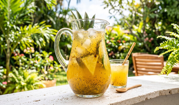 A rich tall glass pitcher filled with golden Agua de Pina con Chia on a white stone counter, Bright yellow pineapple juice with hydrated chia seeds suspended throughout, crystal ice cubes, pineapple w