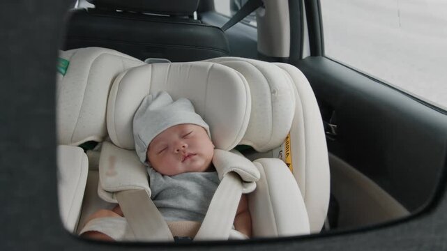 Soft light hugs the sleeping infant. Child rests peacefully in a car seat. Baby wears a gentle cap and cozy outfit