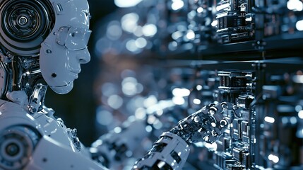 Advanced humanoid robot with metallic finish working in a futuristic technology manufacturing facility