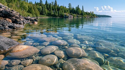 Fototapeta premium Crystal Clear Lake Water Revealing Smooth Pebbles on Rocky Shoreline with Lush Forest Backdrop