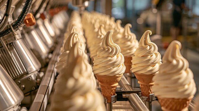 Automated Soft Serve Ice Cream Production Line with Waffle Cones on Conveyor Belt