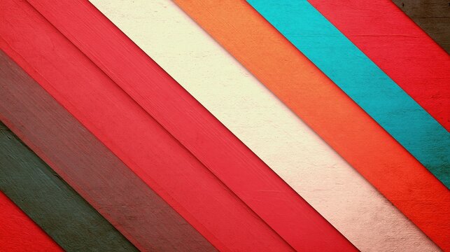 Diagonal Stripes of Vibrant Red, Orange, Teal, and Cream Wood Texture Background