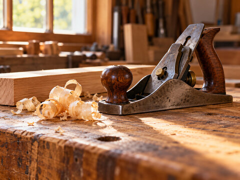 Woodworking hand plane and curled shavings on a wooden workbench