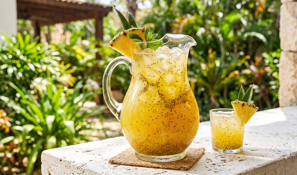 A rich tall glass pitcher filled with golden Agua de Pina con Chia on a white stone counter, Bright yellow pineapple juice with hydrated chia seeds suspended throughout, crystal ice cubes, pineapple w