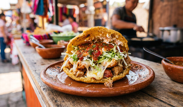 A rich thick corn gordita split open and stuffed on an earthenware plate, Crispy fried corn pocket filled with savory pork rinds, melted quesillo cheese, shredded lettuce, and red salsa verde. 