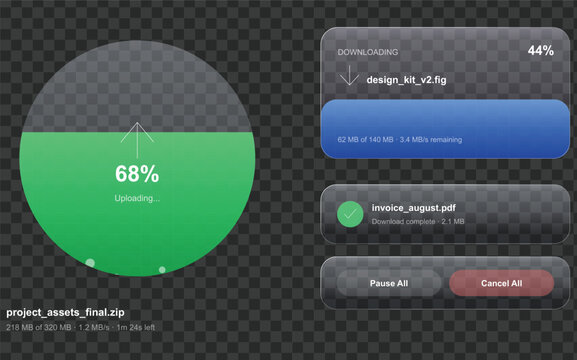 Glassmorphism upload and download UI progress bar set, frosted glass file transfer elements, modern dark mode interface components