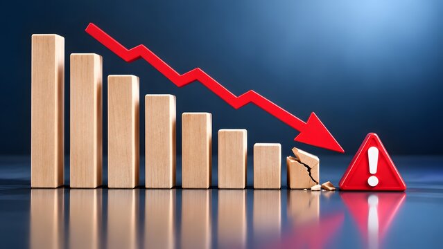 Descending wooden bar chart with a red downward arrow breaking the final block next to a warning sign representing financial crisis and market crash.