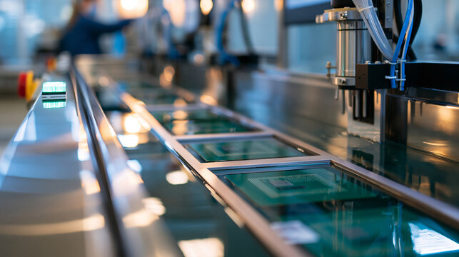 Bright copper electroplating machine for printed circuit boards inside a clean industrial plant, rows of green boards suspended in bath frames, stainless steel housing, faceless