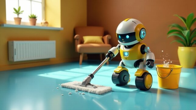 A tiny robotic helper diligently mops a pristine floor inside a cheerful home, showcasing advanced domestic technology and effortless cleaning.