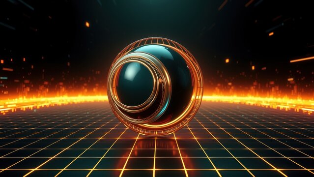 Futuristic sphere glows amidst gridlines, orange light streaks radiate. Dark background emphasizes central object, creating digital feel.