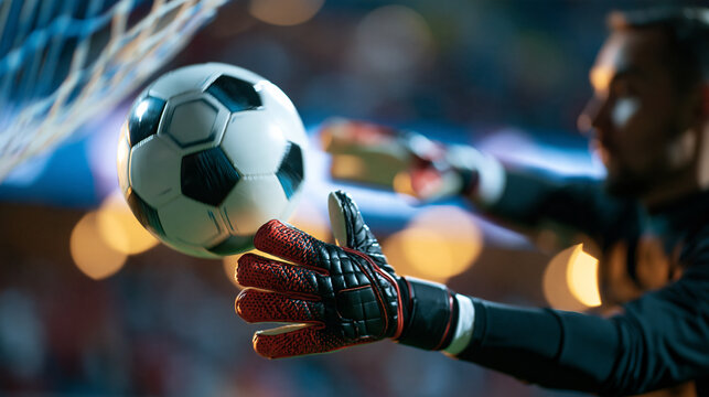 Soccer goalkeeper reaching for the ball during an airborne save attempt, reflex reaction and last-second defense concept, with copy space
