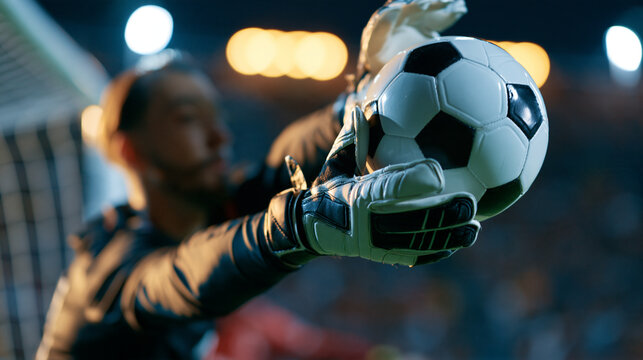 Soccer goalkeeper reaching for the ball during an airborne save attempt, reflex reaction and last-second defense concept, with copy space