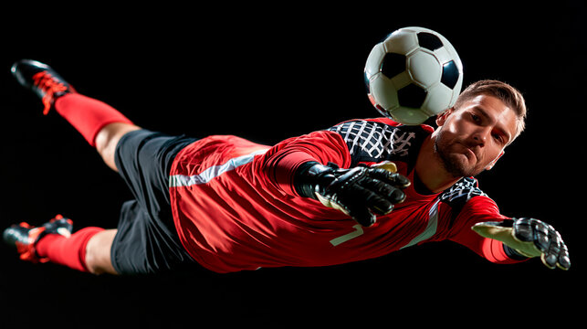 Soccer goalkeeper reaching for the ball during an airborne save attempt, reflex reaction and last-second defense concept, with copy space