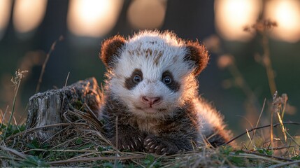 Obraz premium Adorable Baby Panda Cub with Unique Brown and White Fur Resting in Golden Hour Sunlight