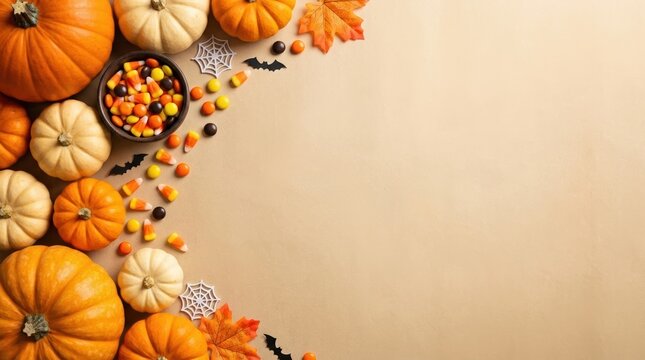 horizontal autumn and Halloween flat-lay with pumpkins, candy, and festive decorations on beige background. ample space for text or messaging