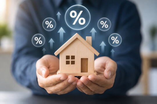 Wooden house model held in hands with rising percentage icons concept for mortgage rates home loan refinancing property investment and housing finance trends