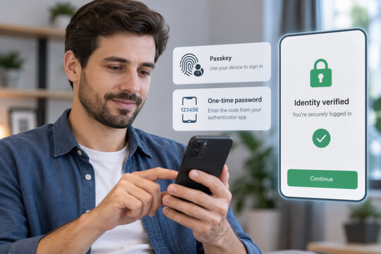 Man verifying identity on smartphone using passkeys and one time password in two factor mobile authentication app for secure login with biometric confirmation and OTP