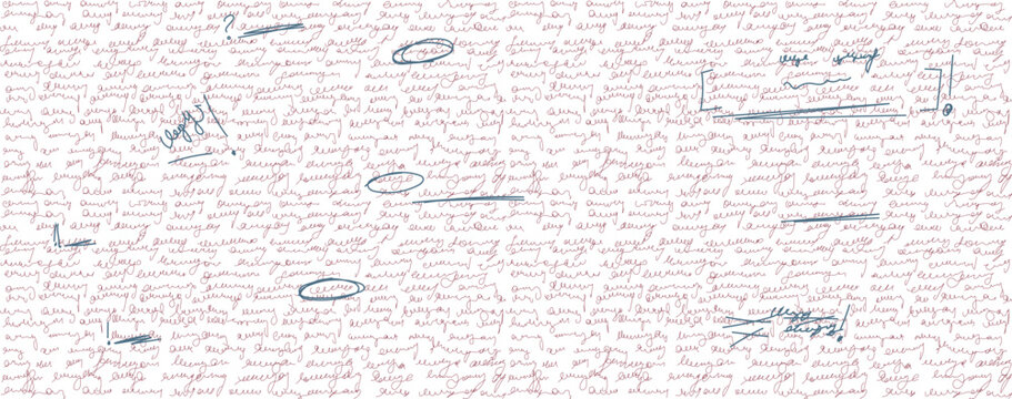 Edited script background and redacted grunge paper overlay. Junk texture with text article or handwritten letter with gibberish doodle shabby. Bad paragraph or poem with illegible design layout