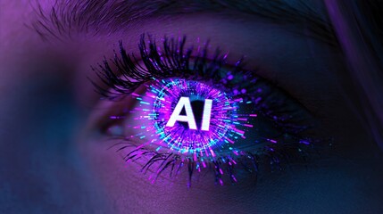 Naklejka na ściany i meble Close-up of a human eye reflecting glowing AI technology with futuristic digital light effects