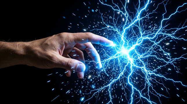 Human hand touching bright blue electric lightning sparks on black