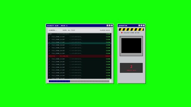 Retro cybersecurity terminal interface windows on green background