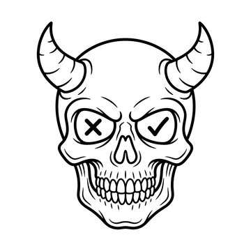 Horned demon skull with check and cross mark eyes vector outline illustration for coloring page