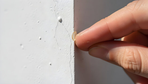 Close up of a person's finger pressing a dried booger on a textured white wall. Concept of gross personal habits, poor hygiene, dirt, and unsanitary behavior.