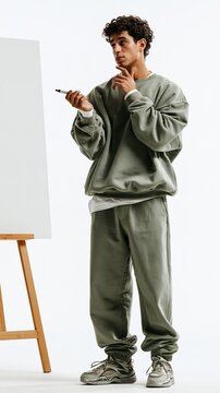 Young man in casual athleisure outfit thoughtfully considering a blank whiteboard on an easel, isolated on white background