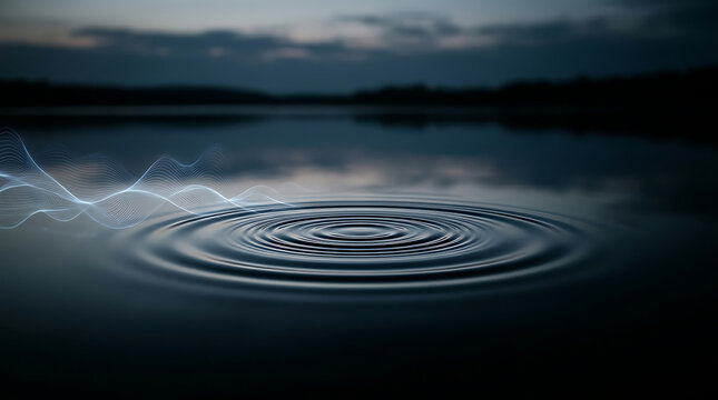 Digital frequency wave transforming into ripples on a calm dark lake at twilight