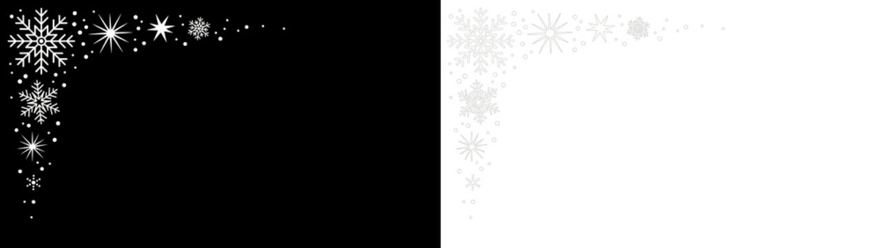 Snowflakes border design, corner decoration pattern with ice crystal, star and snow dot elements on black and transparent backgrounds vector illustration