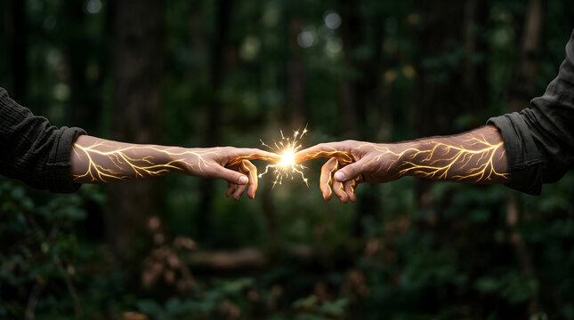 Two hands reaching to touch with glowing energy sparks in a dark