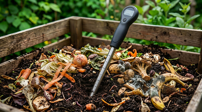 Temperature probe inserted into a wooden garden compost bin full of organic