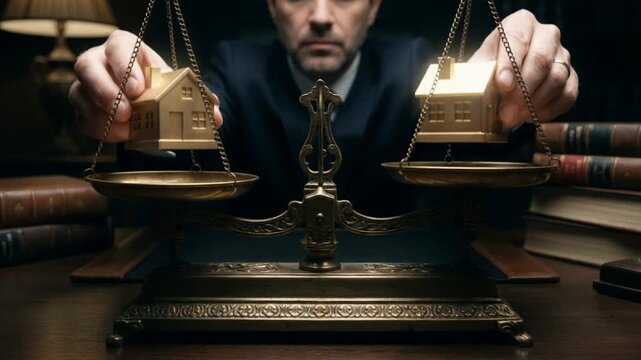Lawyer balances miniature golden houses on justice scale atop dark wooden desk. Professional advocate handles property symbols carefully during serious real estate legal consultation session.