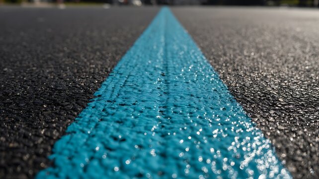 Blue painted road line with textured asphalt perspective