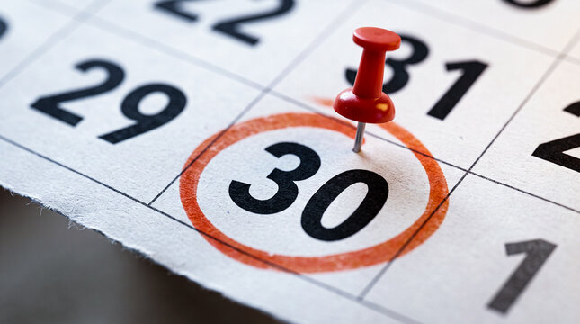 Red pushpin marking number thirty on calendar page highlighting deadline schedule and planning.
