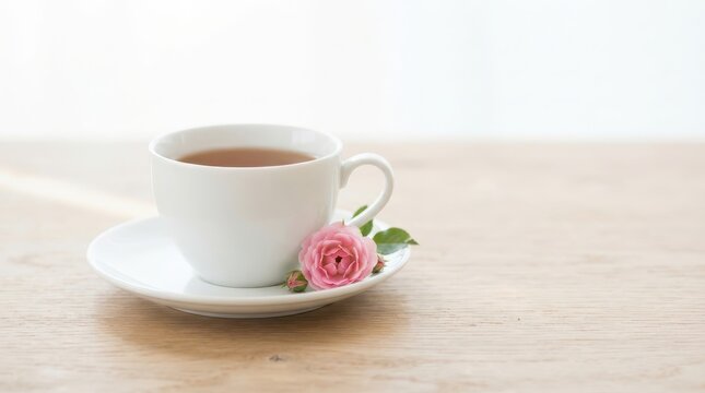 A white teacup filled with tea resting on a saucer beside a delicate pink rose blossom