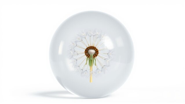 Glass sphere contains delicate dandelion seed head. Minimalist composition, soft lighting, simple studio shot. Focus on fragility, natures beauty.