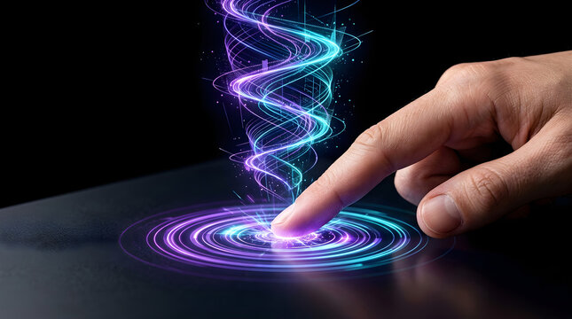 Human finger touching a glowing digital vortex on a dark surface