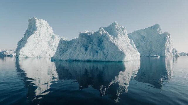 Majestic icebergs floating in calm arctic ocean during daylight with reflections