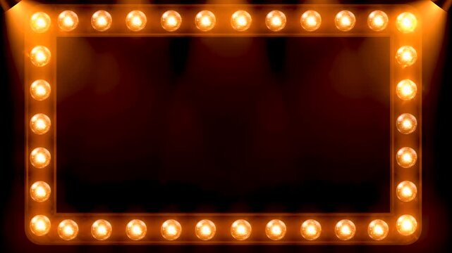 Illuminated sign with glowing light bulbs forming rectangular frame highlighting a blank space for text or announcement.