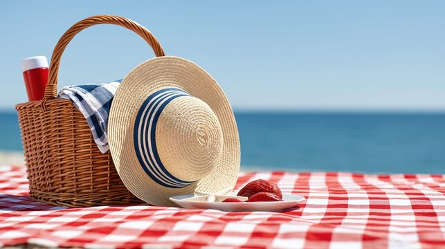 Relaxing Summer Beach Picnic with Wicker Basket, Straw Hat, and Refreshments on Red Gingham Blanket with Ocean View
