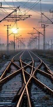 Sunrise over complex railway switchyard with overhead power lines and misty atmosphere
