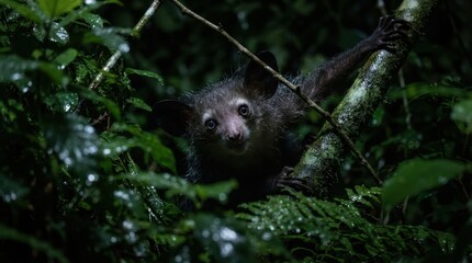 Fototapeta premium An aye-aye lemur perched on a mossy tree branch within a lush, dark tropical rainforest habitat