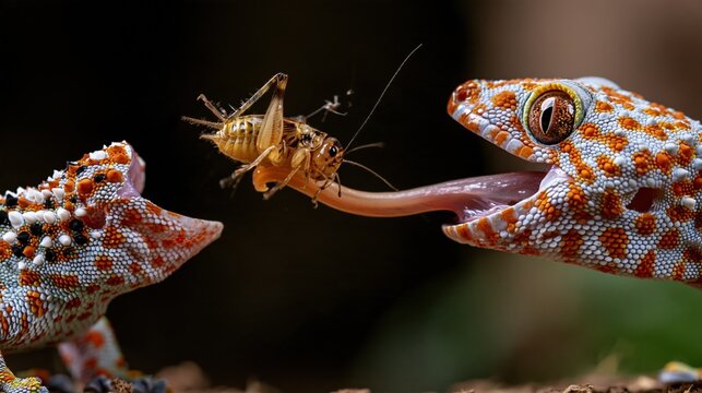Two Tokay Geckos Engage in Predatory Behavior, One Catching a Cricket with its Tongue