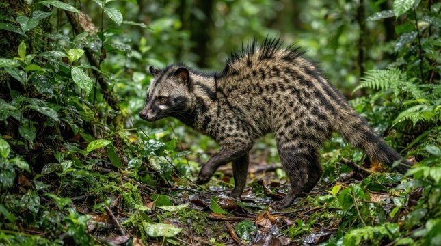 Asian palm civet walking through the lush green foliage of a tropical rainforest habitat