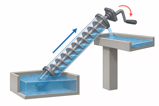 Archimedes screw water lifting mechanism illustration