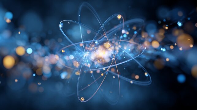 Abstract science background with glowing nucleus, atoms, elements and molecules, molecular structure, quantum physics, chemistry, nanotechnology, energy particles and scientific research concept